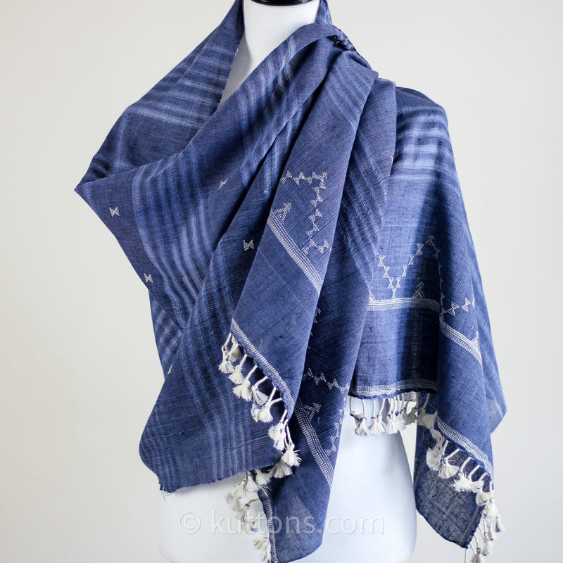 Wrap Yourself in Sustainable Luxury - Handwoven Bhujodi Organic Kala Cotton Scarf | Blue, 24x72"