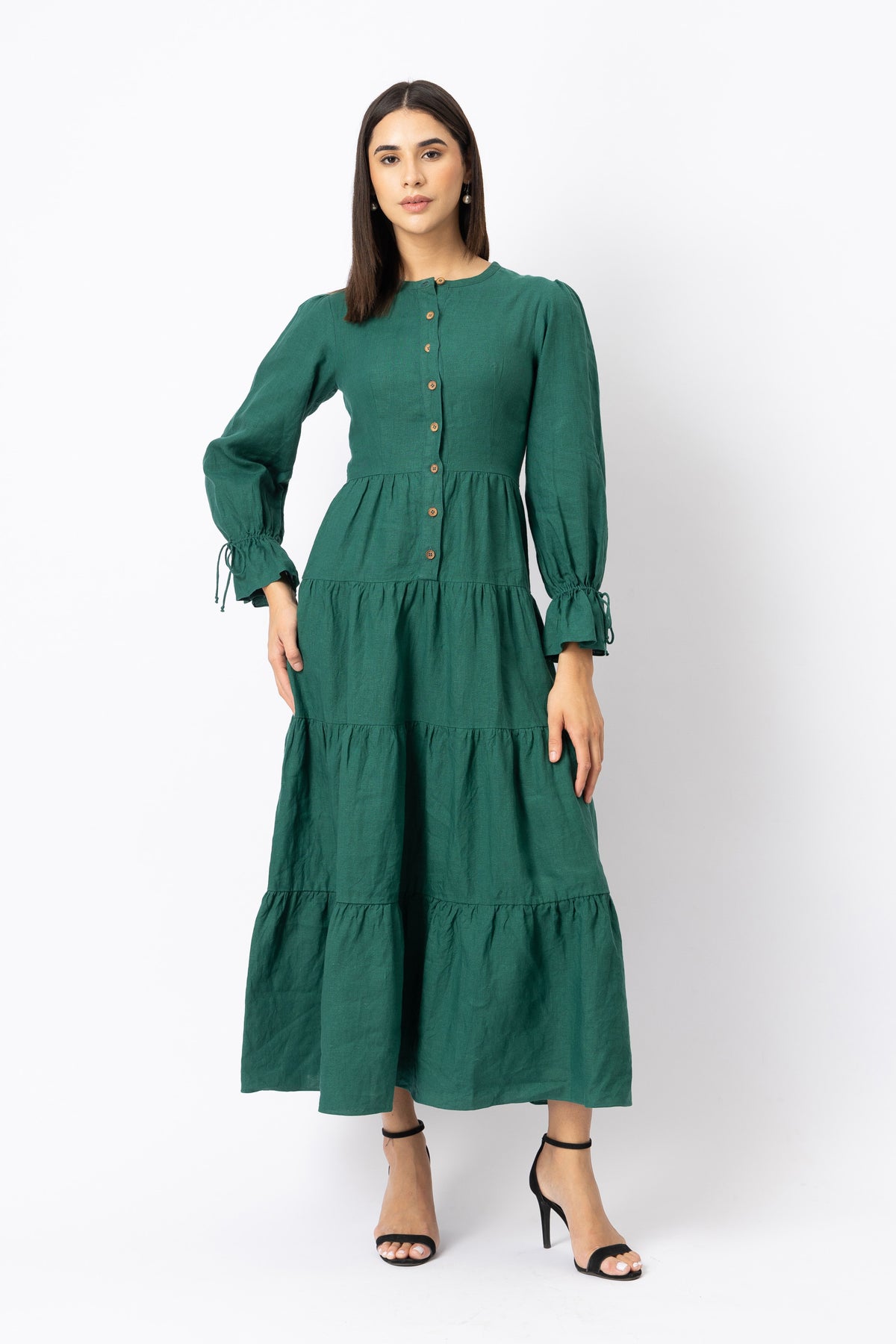 Natural button detail on green linen button-front maxi dress