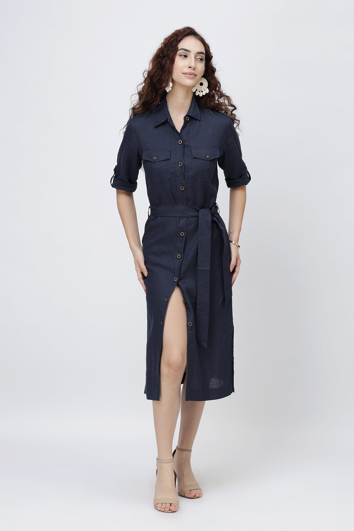 attractive lady in European linen belted shirt dress
