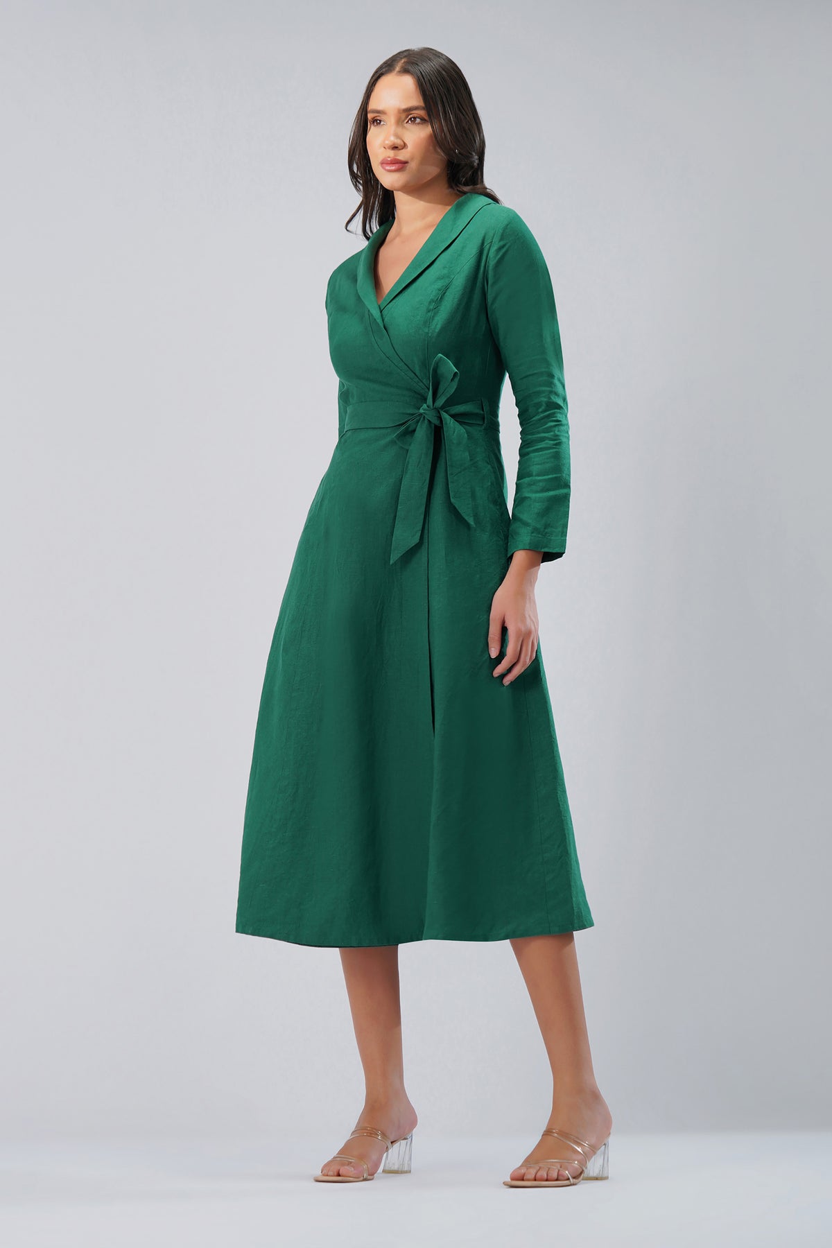 Wrap Linen Midi Dress with Collar & Tie Waist - Cross-Over Waist • Tailored Collar • European Linen
