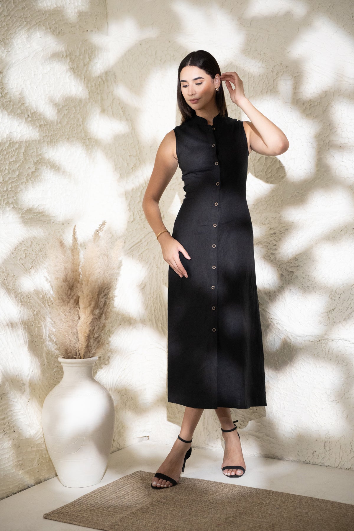 Linen Button-Front Midi Dress