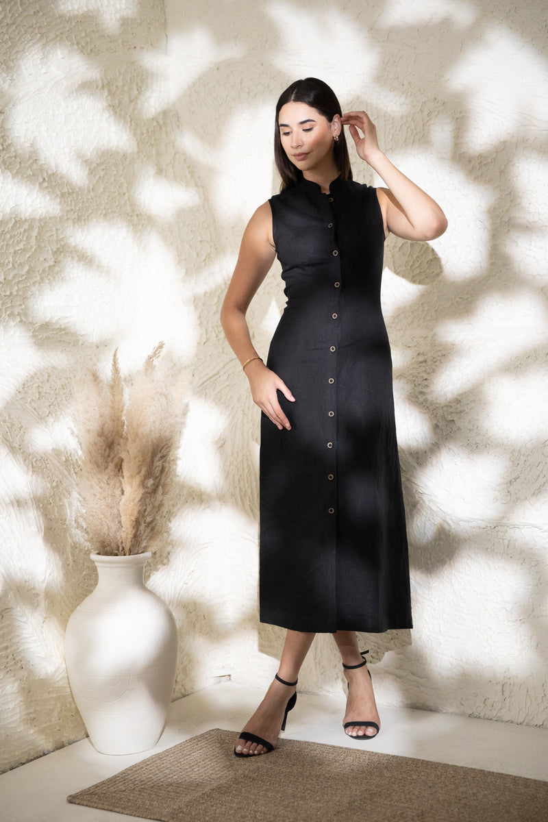 Linen Button-Front Midi Dress