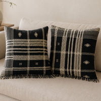 Bhujodi 100% Wool & Organic Cotton Pillow Cover - Rustic Handwoven Cushion with Tassels | Dark Gray, (Pair)