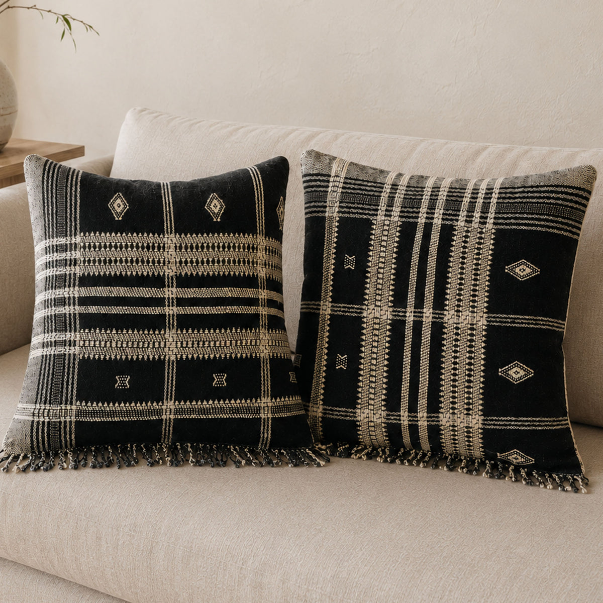 Bhujodi 100% Wool & Organic Cotton Pillow Cover - Rustic Handwoven Cushion with Tassels | Dark Gray, (Pair)
