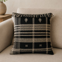 Bhujodi 100% Wool & Organic Cotton Pillow Cover - Rustic Handwoven Cushion with Tassels | Dark Gray, (Pair)