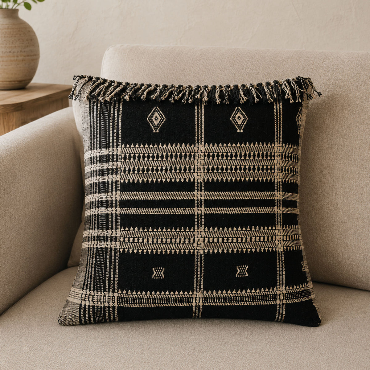 Bhujodi 100% Wool & Organic Cotton Pillow Cover - Rustic Handwoven Cushion with Tassels | Dark Gray, (Pair)