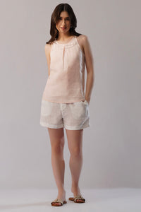 Sleeveless High-Neck Linen Tank Top with Front Pleat
