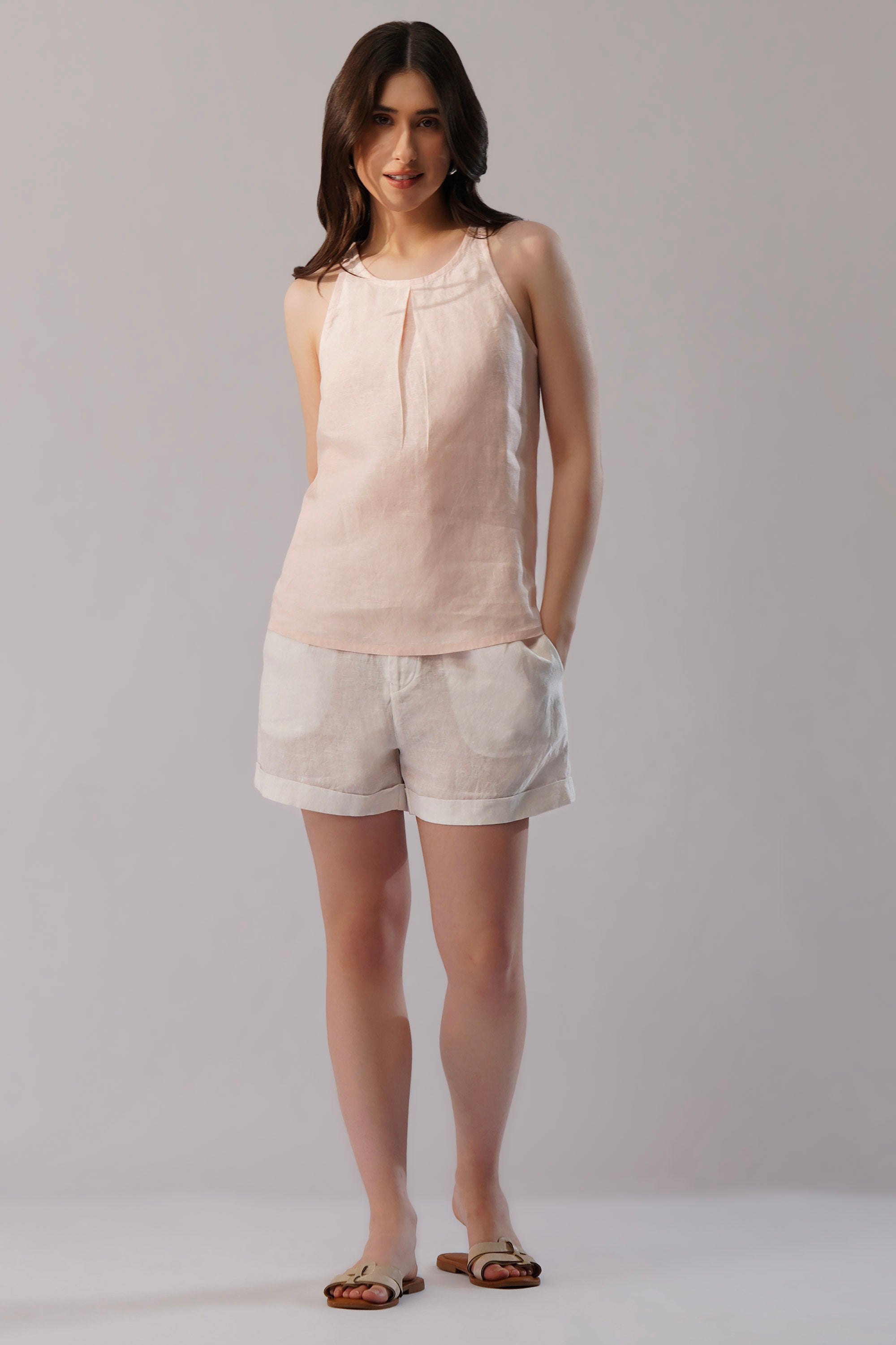Sleeveless High-Neck Linen Tank Top with Front Pleat