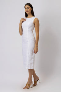 Three-quarter profile of Optic White European linen midi dress