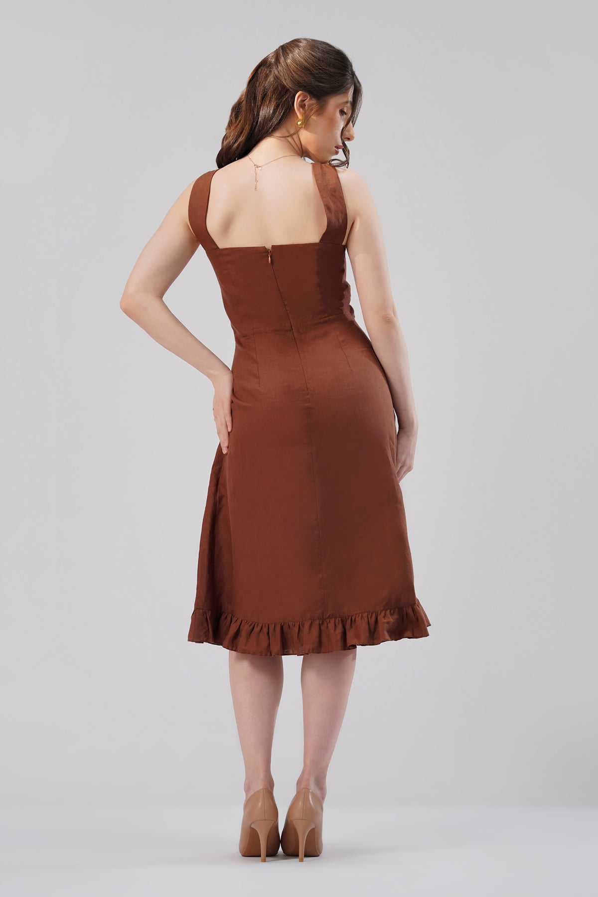 back view European linen dress with zipper and fitted silhouette