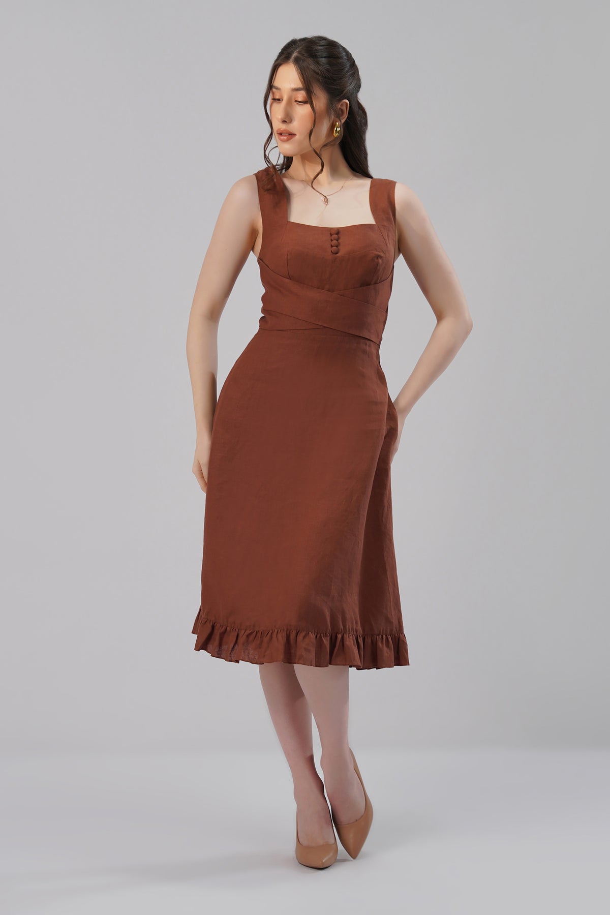 structured waist detail brown linen dress tailored fit