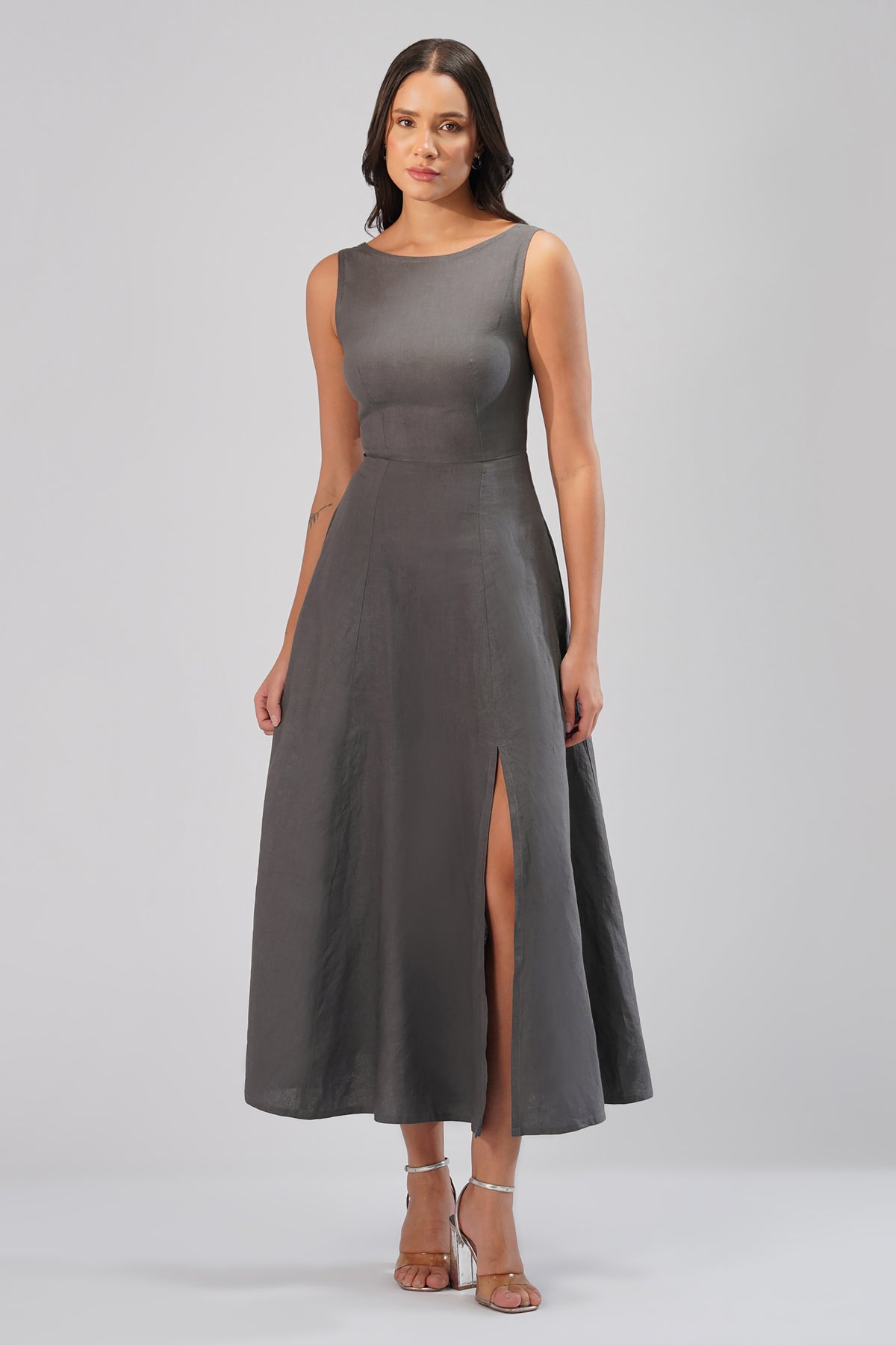 Charcoal linen sleeveless midi dress front view