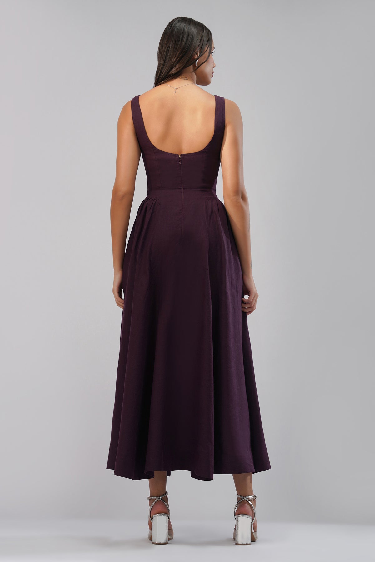 Deep plum sleeveless linen dress with low scoop back back view