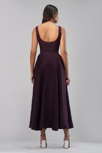 Deep plum sleeveless linen dress with low scoop back back view