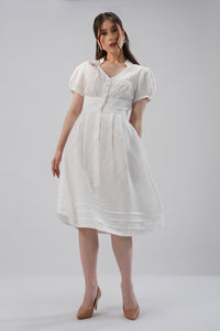 Elegant linen midi dress with V-neckline, puff sleeves, button front, defined waist and pleated skirt