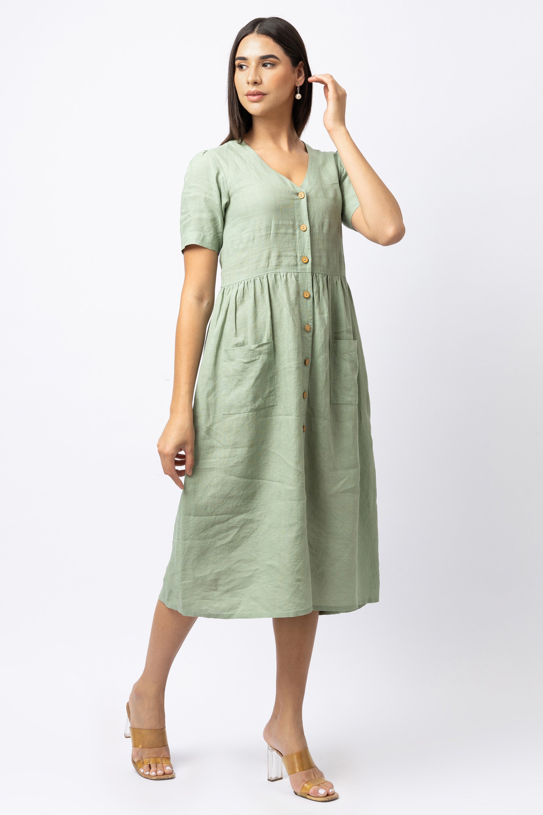 flutter sleeve linen button front midi dress Button-Front with Pockets offering breathable elegance that Size:L (US 12_14) Denim Belted Midi Dress haven-dresser