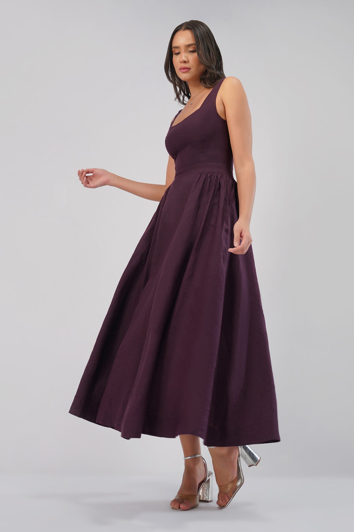 Plum Linen Dress for Women Square Neck Sleeveless Full Skirt Dress Kuttons Plum Linen Dress for Women Square Neck Sleeveless Full Skirt Dress Kuttons