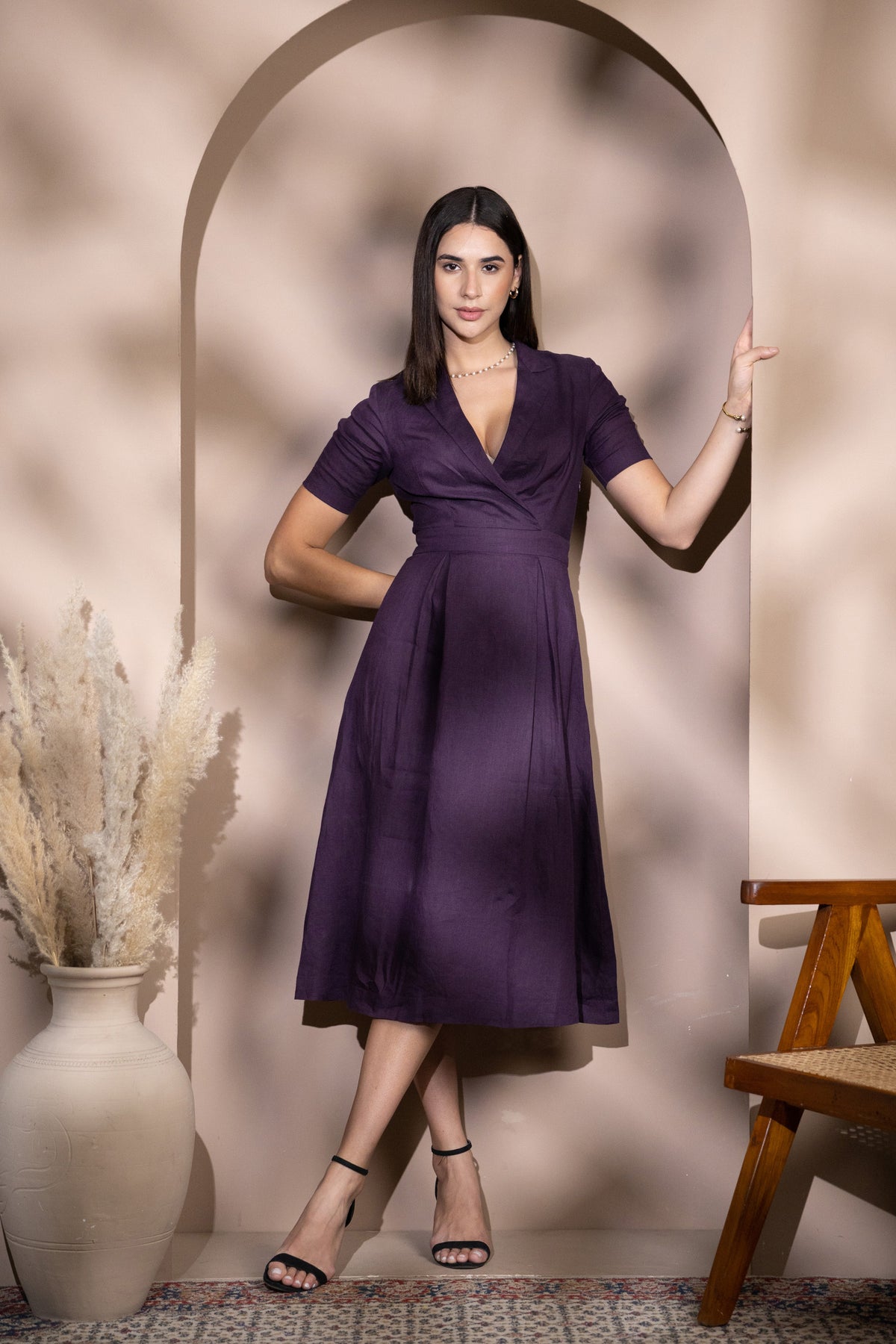 Linen Collared Wrap-Style Pleated Midi Dress