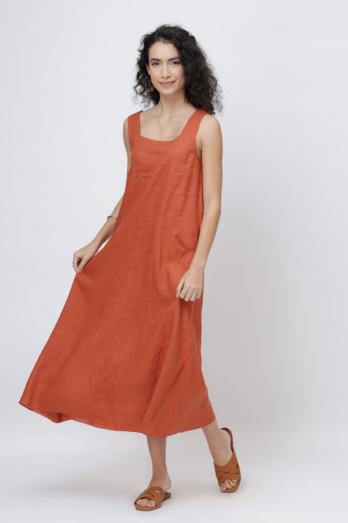 European linen sleeveless shift dress front view