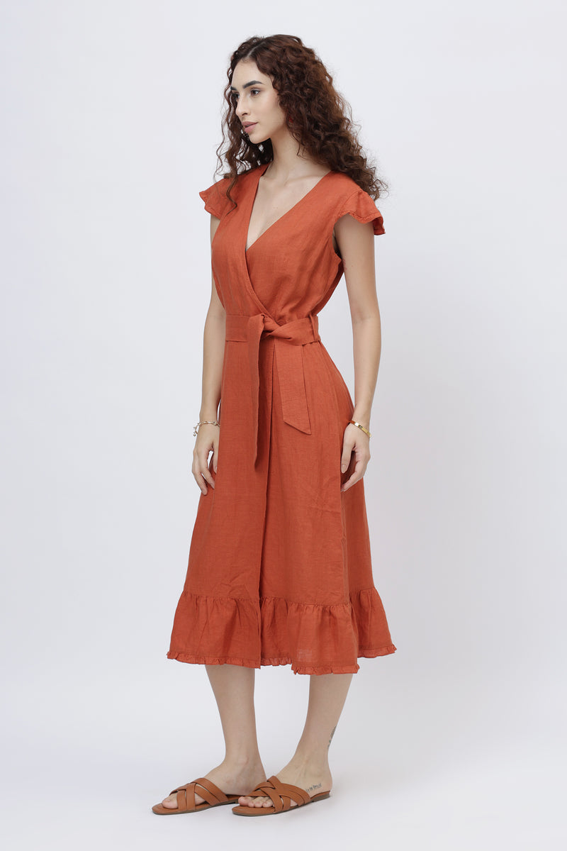 Flutter Sleeve Linen Wrap Midi Dress | European Linen - Rust Red / XS Flutter Sleeve Linen Wrap Midi Dress | European Linen - Rust Red / XS