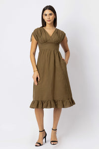 Olive Brown European linen empire waist midi dress front view