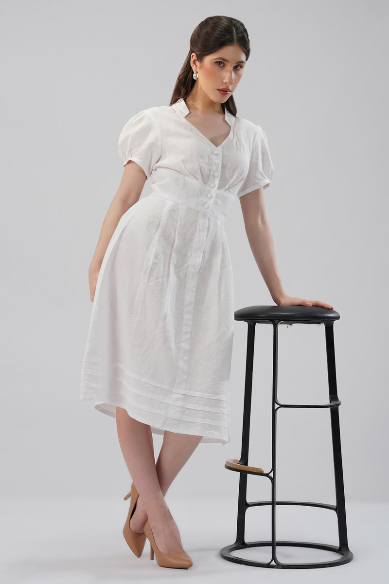 European linen V-neck midi dress with front button placket, puff sleeves, defined waist and pintuck hem