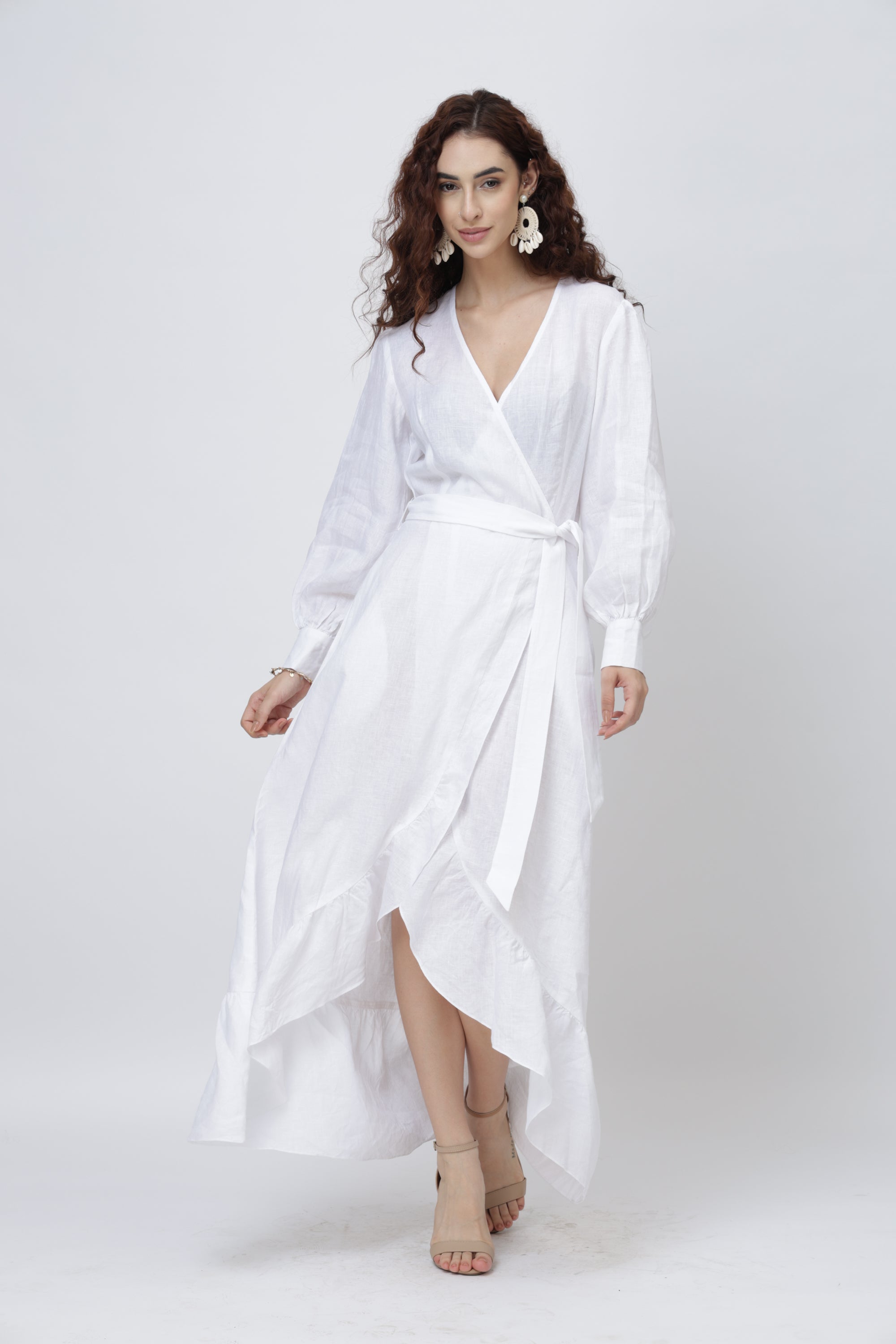 White long sleeve linen wrap maxi dress for women with belt