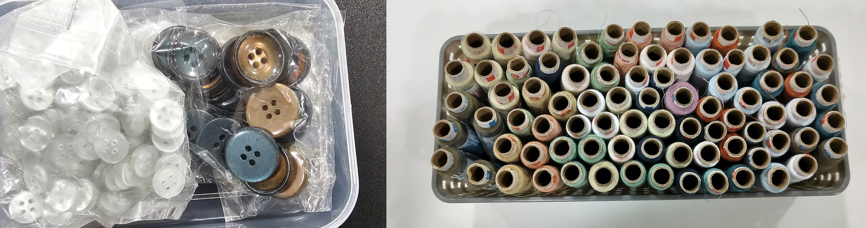 buttons, zippers, threads, fabric patches