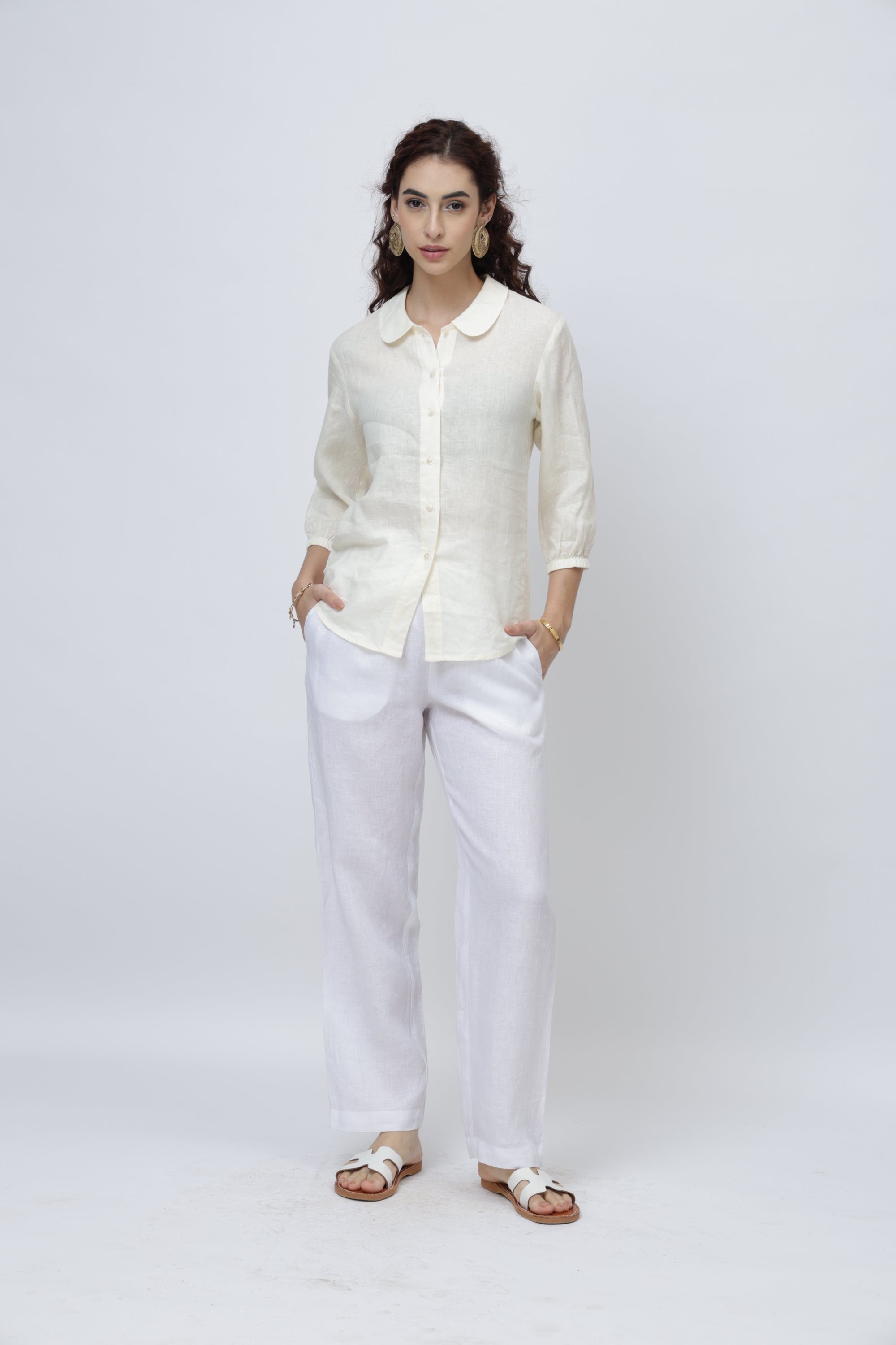 Cream European linen shirt with white linen pants for women