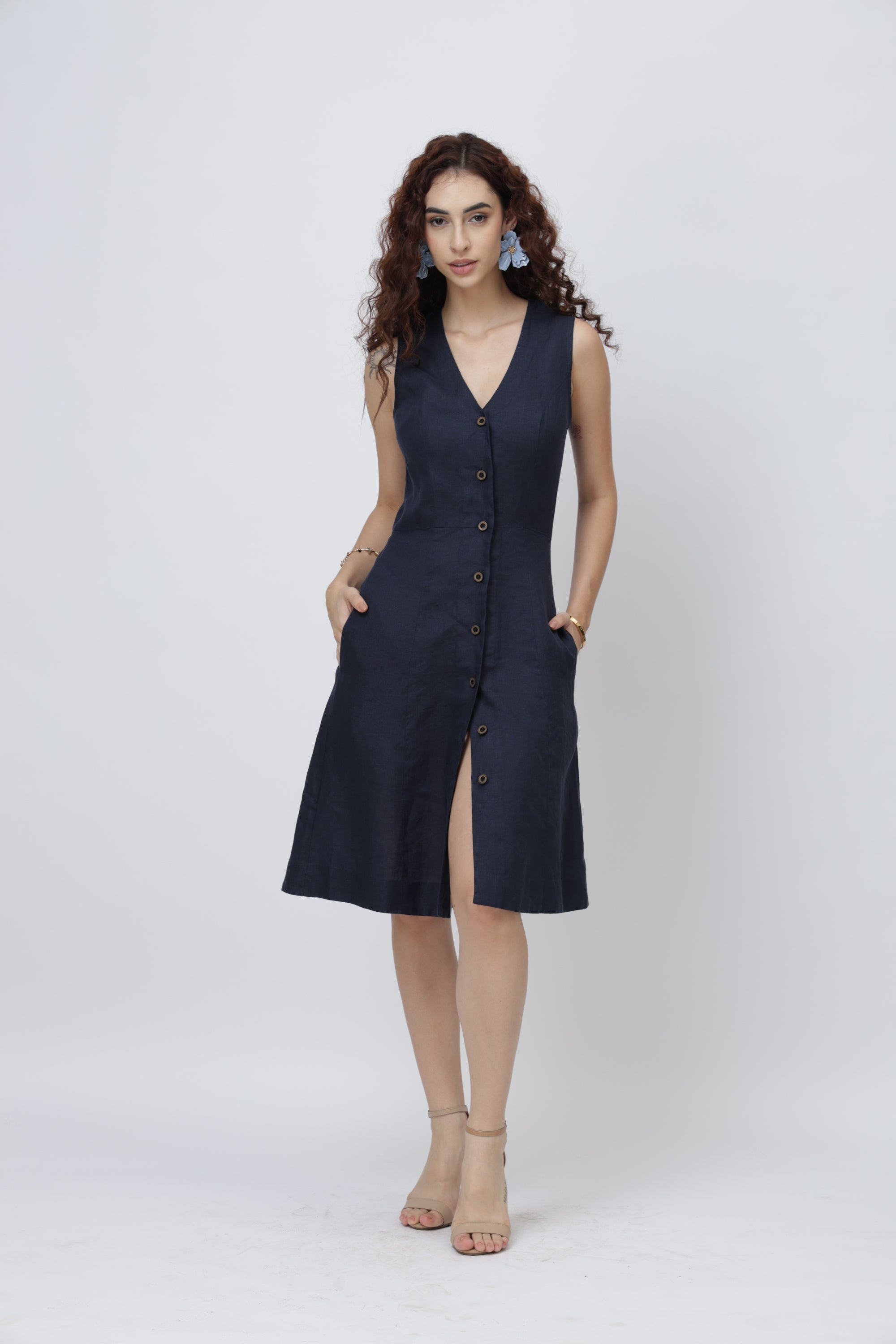 Midnight blue European linen button-down midi dress for women