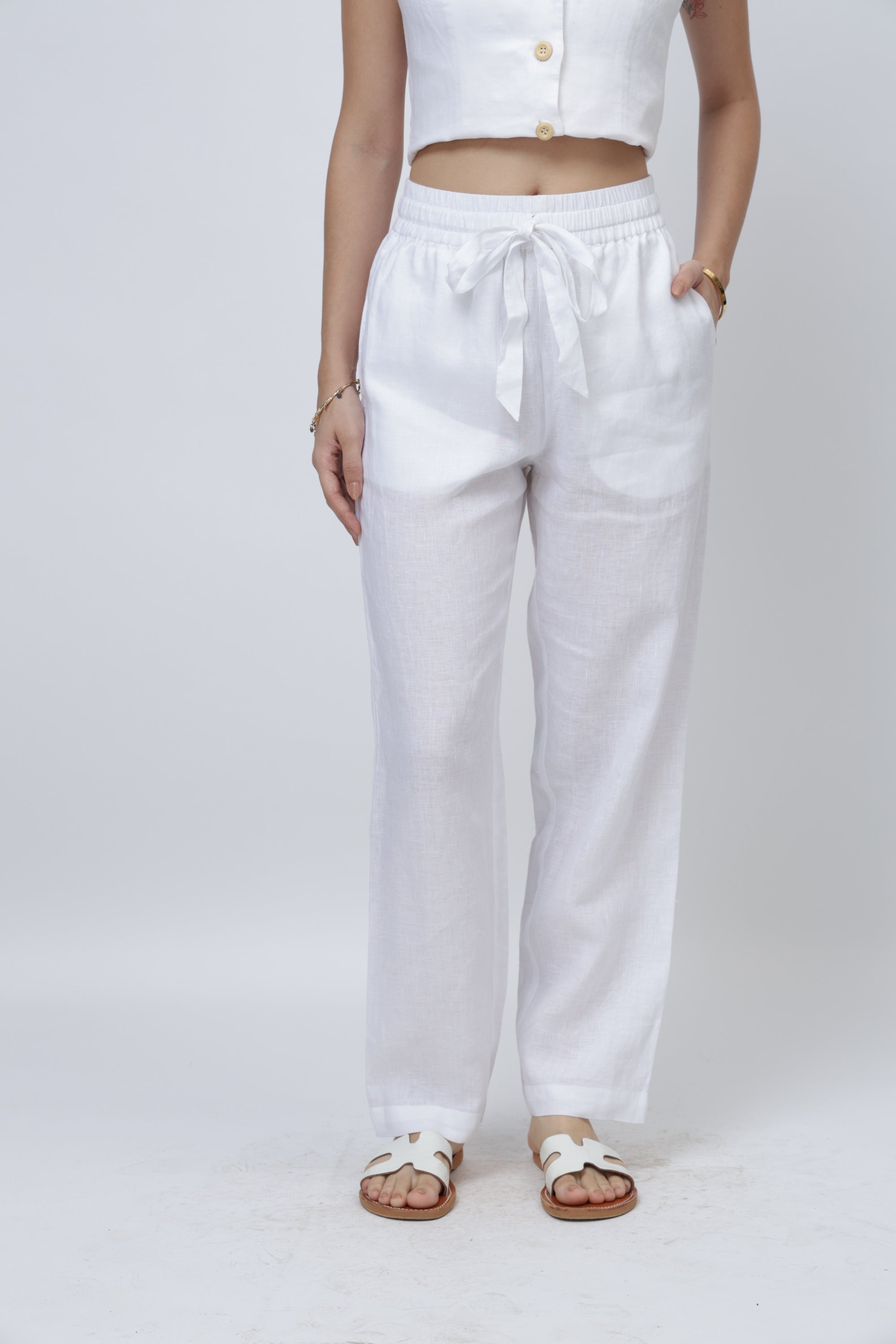 White linen wide leg pants for women with elastic waist and drawstring