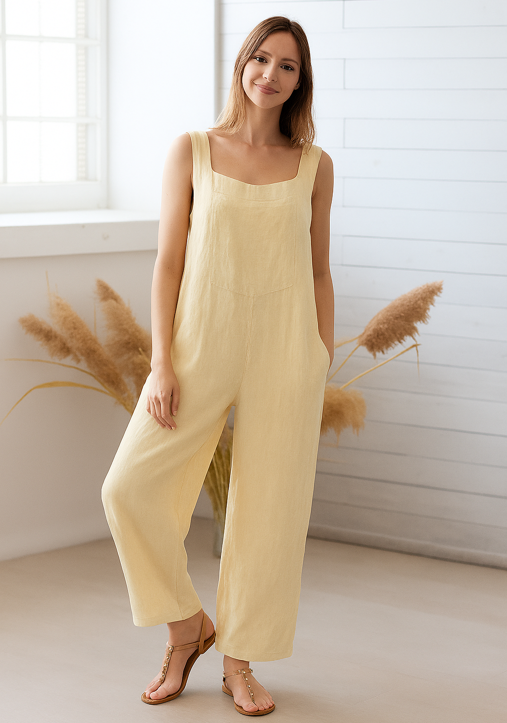 lady wearing yellow linen jumpsuit