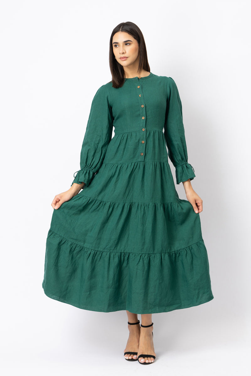 Green Linen Tiered Maxi Dress - Pure European Linen