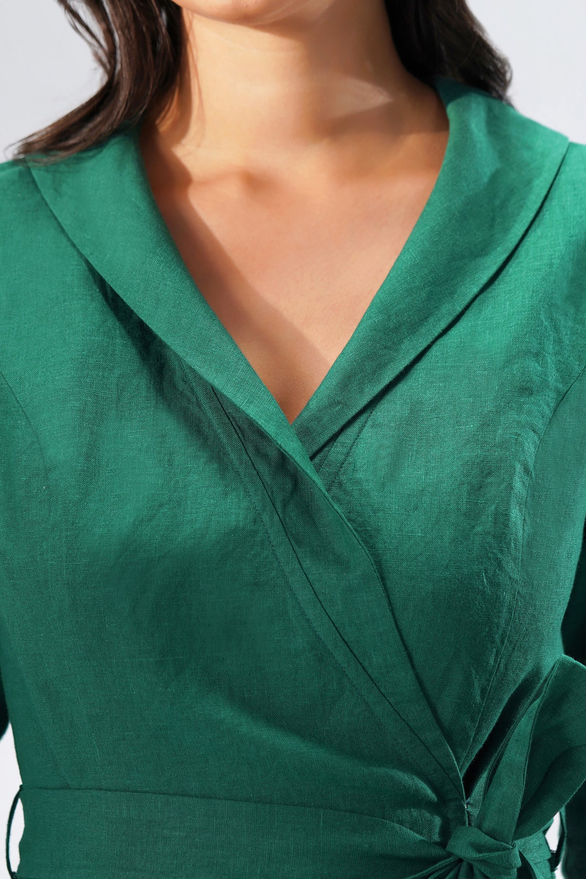 Wrap Linen Midi Dress with Collar & Tie Waist - Cross-Over Waist • Tailored Collar • European Linen