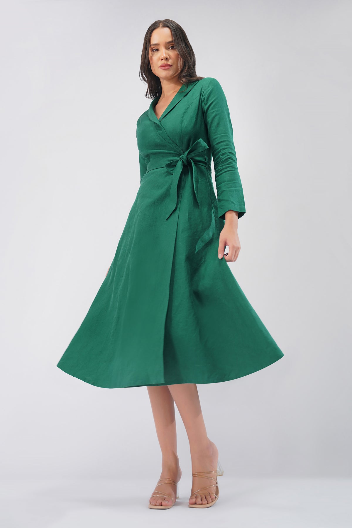 Wrap Linen Midi Dress with Collar & Tie Waist - Cross-Over Waist • Tailored Collar • European Linen