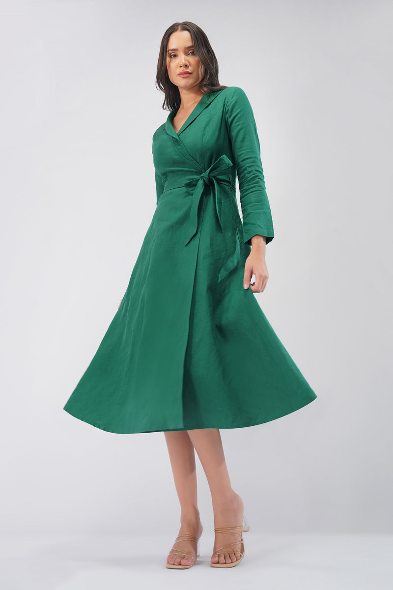 Green Linen Wrap Midi Dress for Women | European Linen | Kuttons Green Linen Wrap Midi Dress for Women | European Linen | Kuttons