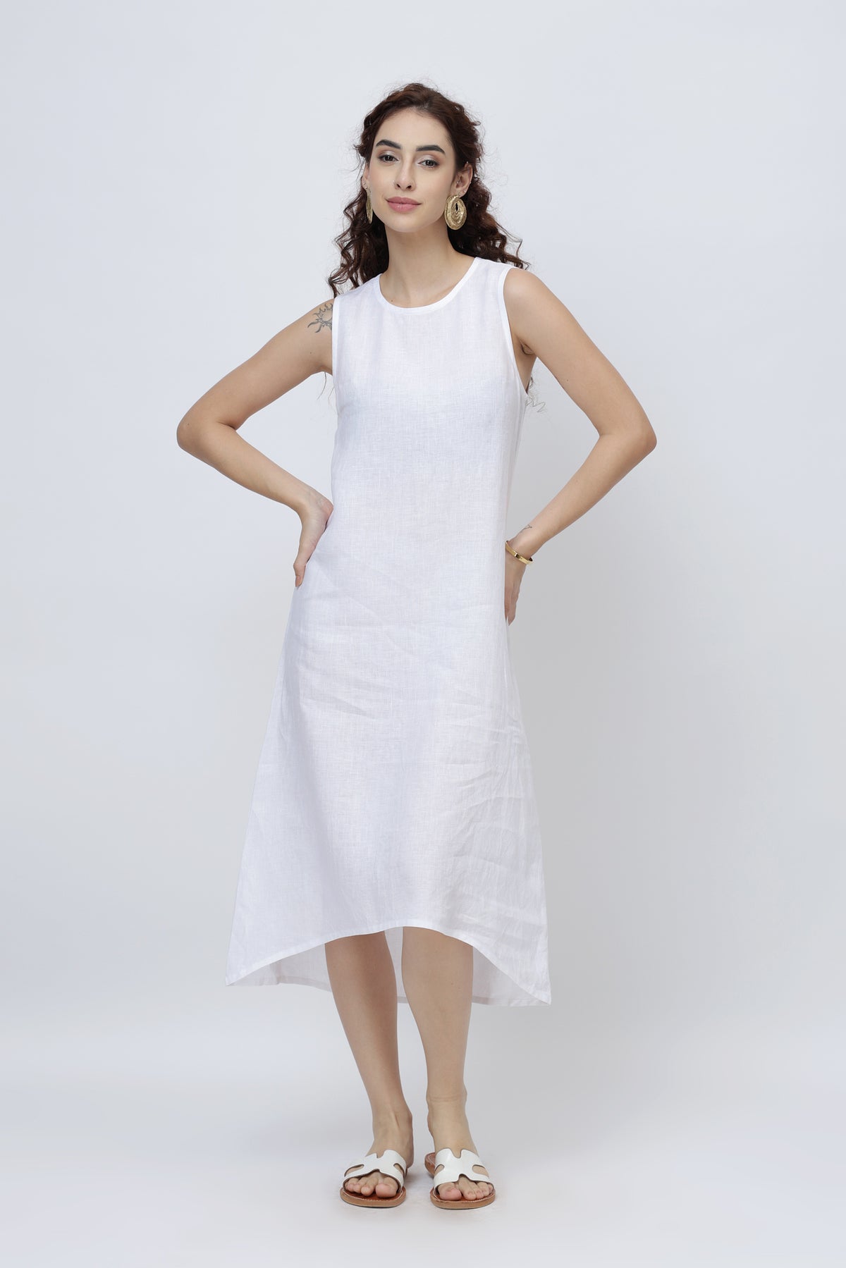 white sleeveless linen dress