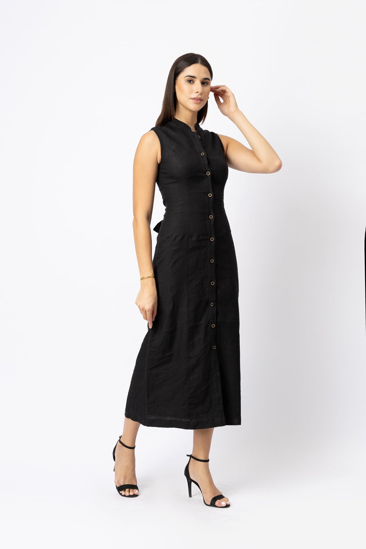 Linen Button-Front Midi Dress