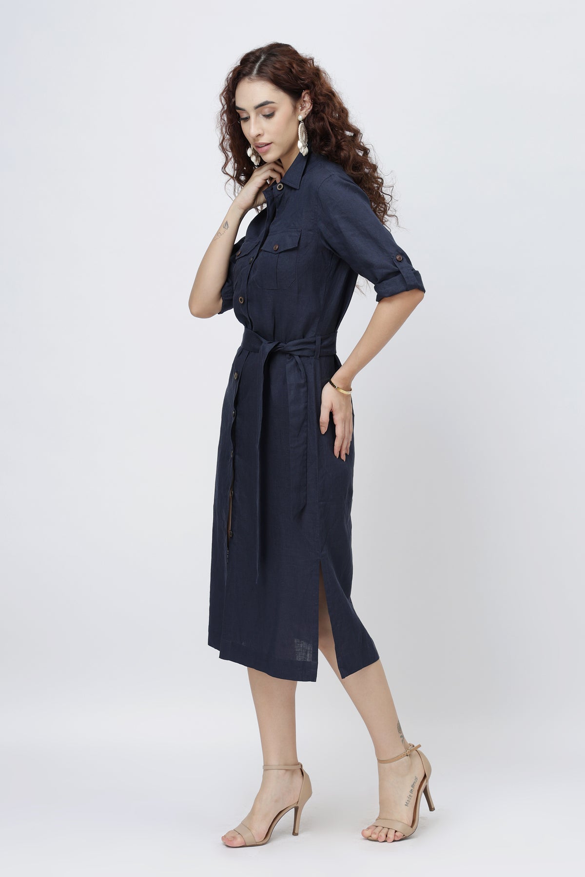 young women linen shirt midi dress belted