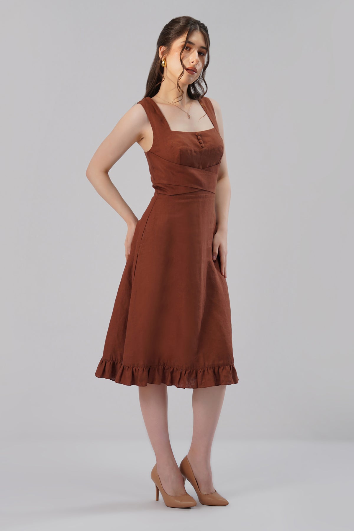 ruffle hem detail brown linen midi dress