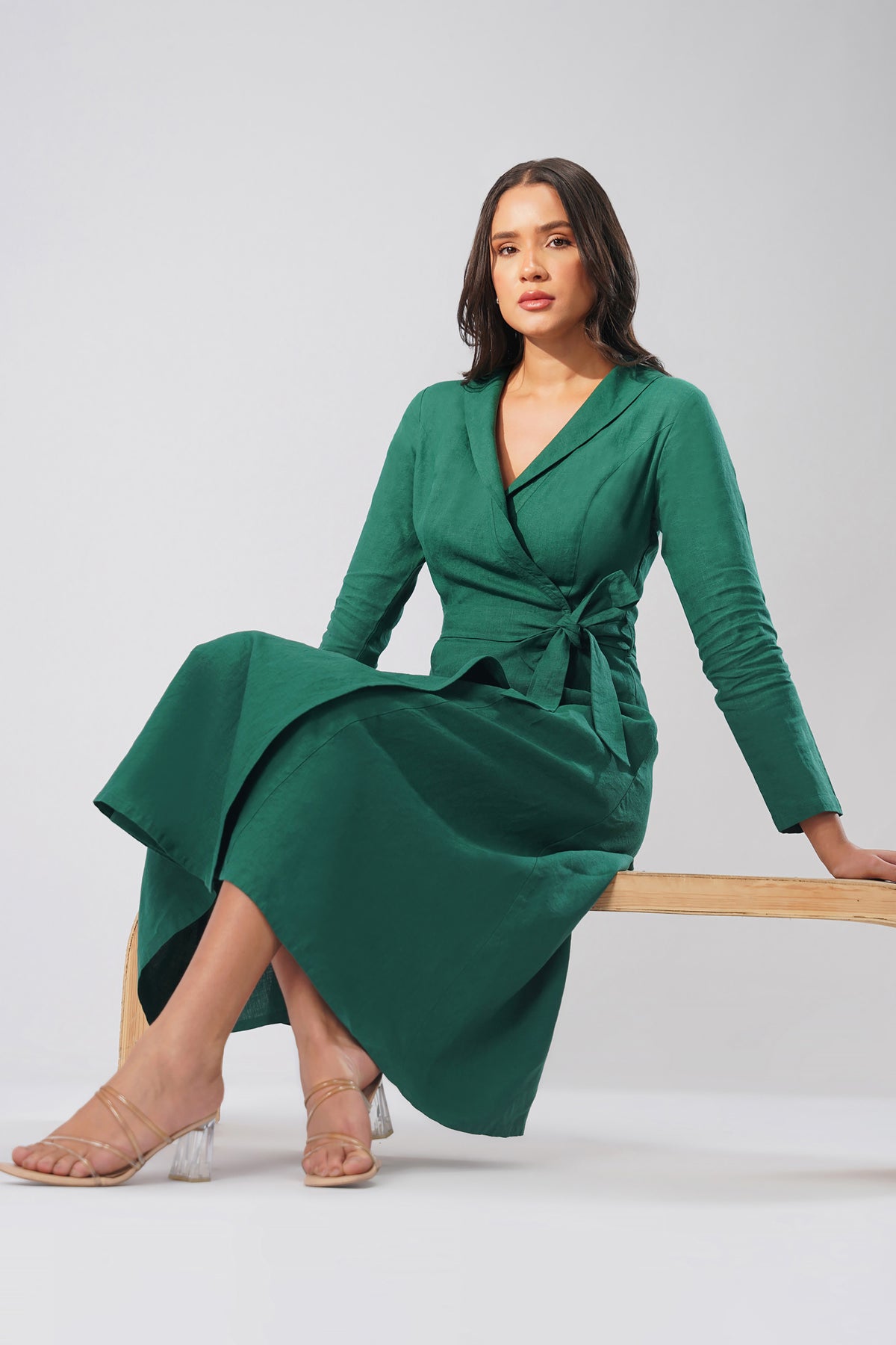 Wrap Linen Midi Dress with Collar & Tie Waist - Cross-Over Waist • Tailored Collar • European Linen