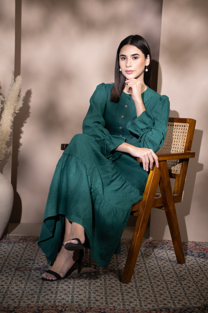Green Linen Tiered Maxi Dress - Pure European Linen | Kuttons Green Linen Tiered Maxi Dress - Pure European Linen | Kuttons