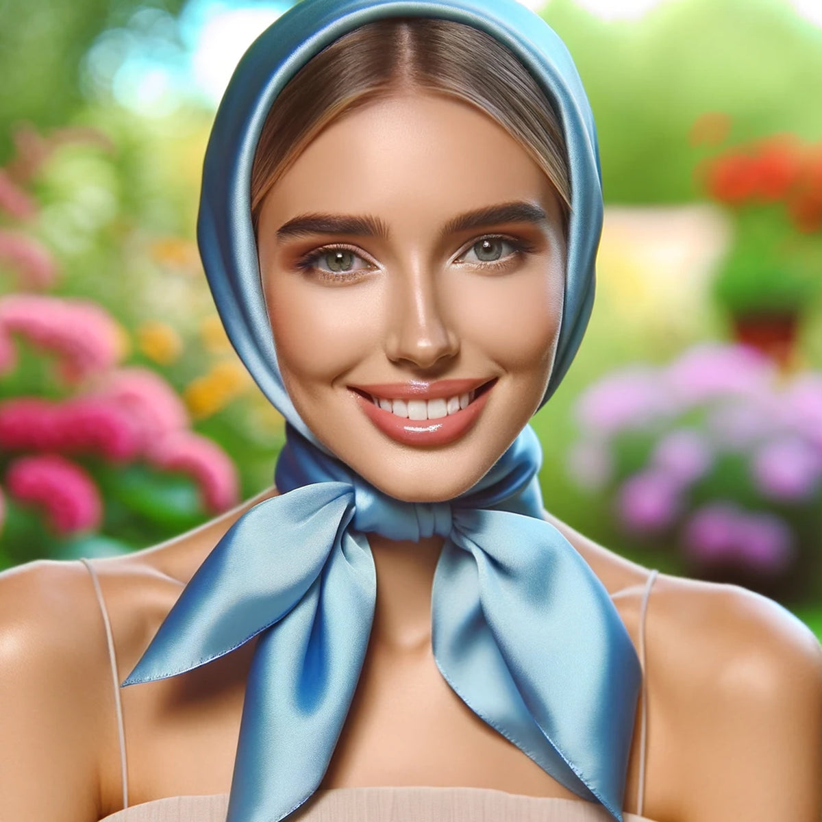 young lady wearing a mulberry silk bandana scarf