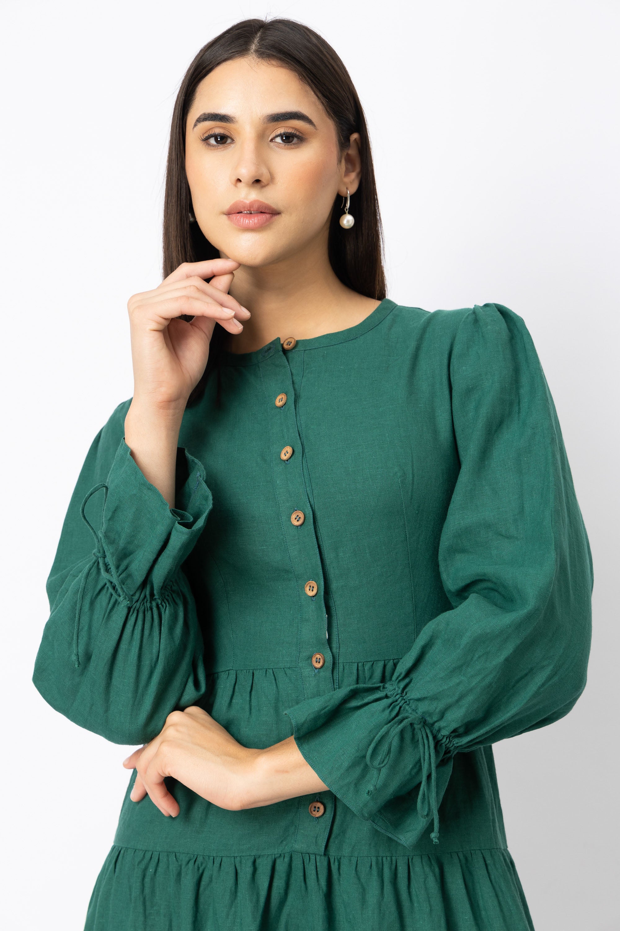 Button-front bodice detail on pure European linen tiered maxi dress