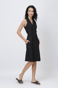 Minimalist European linen dress styled with flats