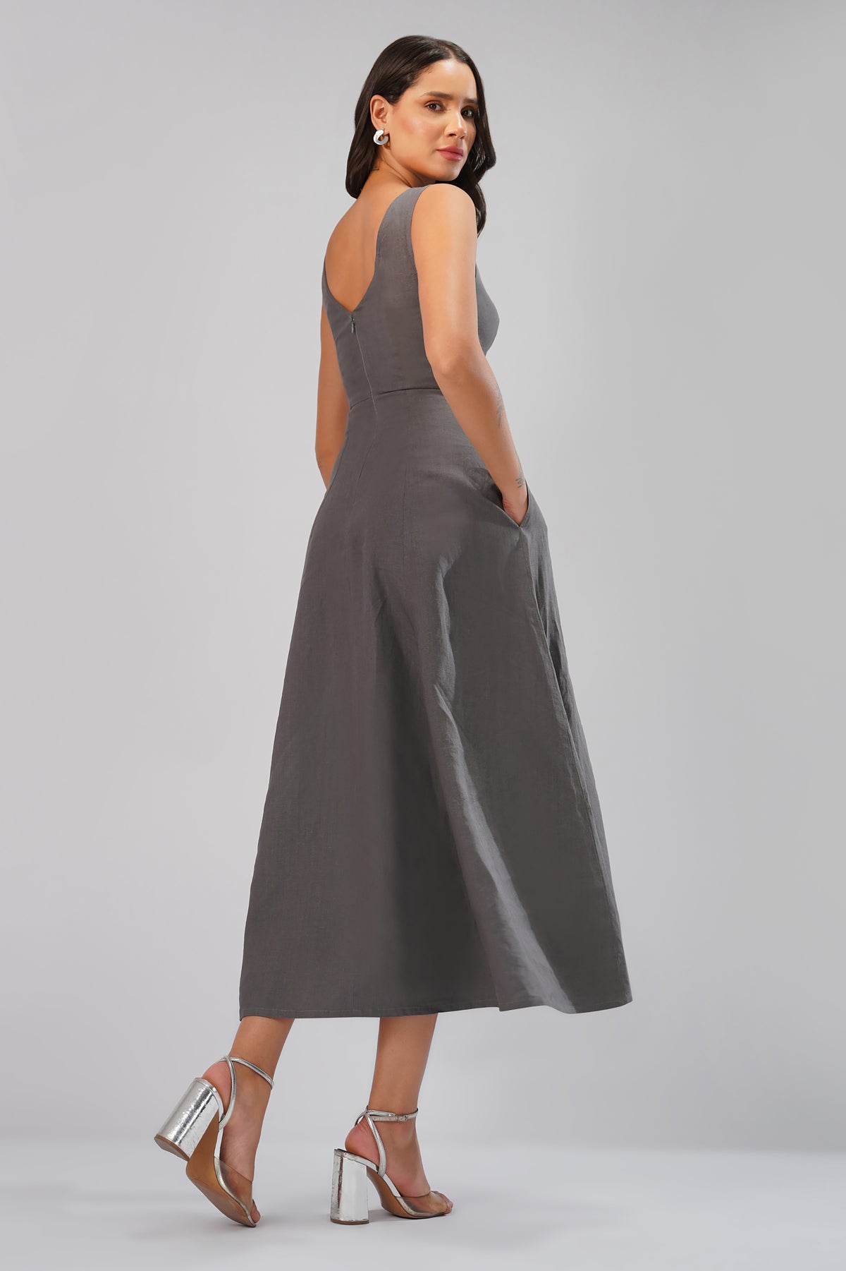 Back view of linen dress with zipper closure