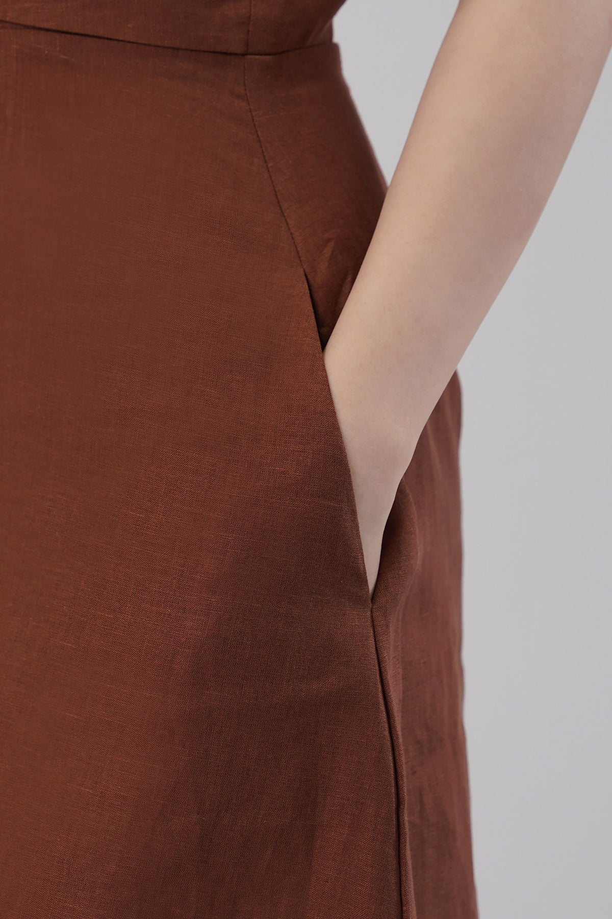 Structured Linen Midi Dress - Square Neck, Sculpted Waist