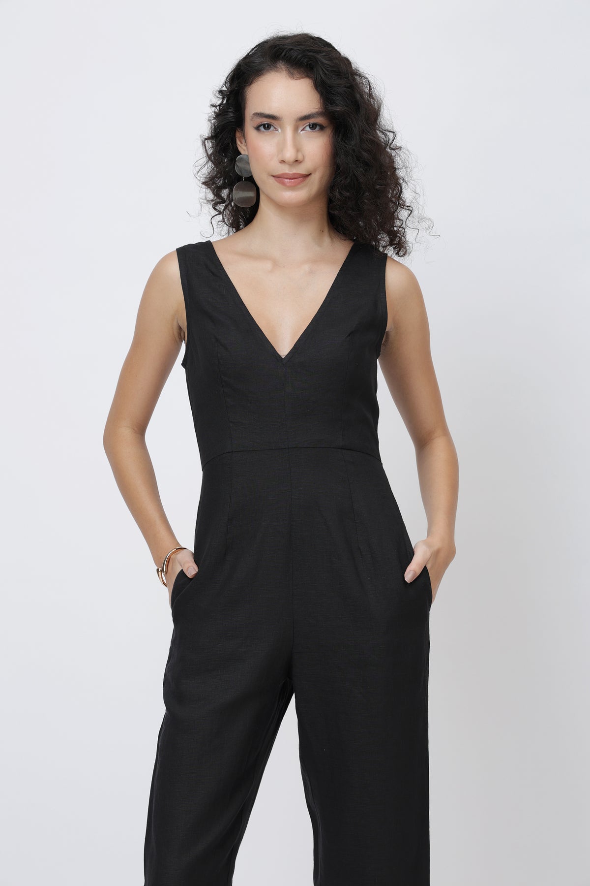 European linen jumpsuit closeup