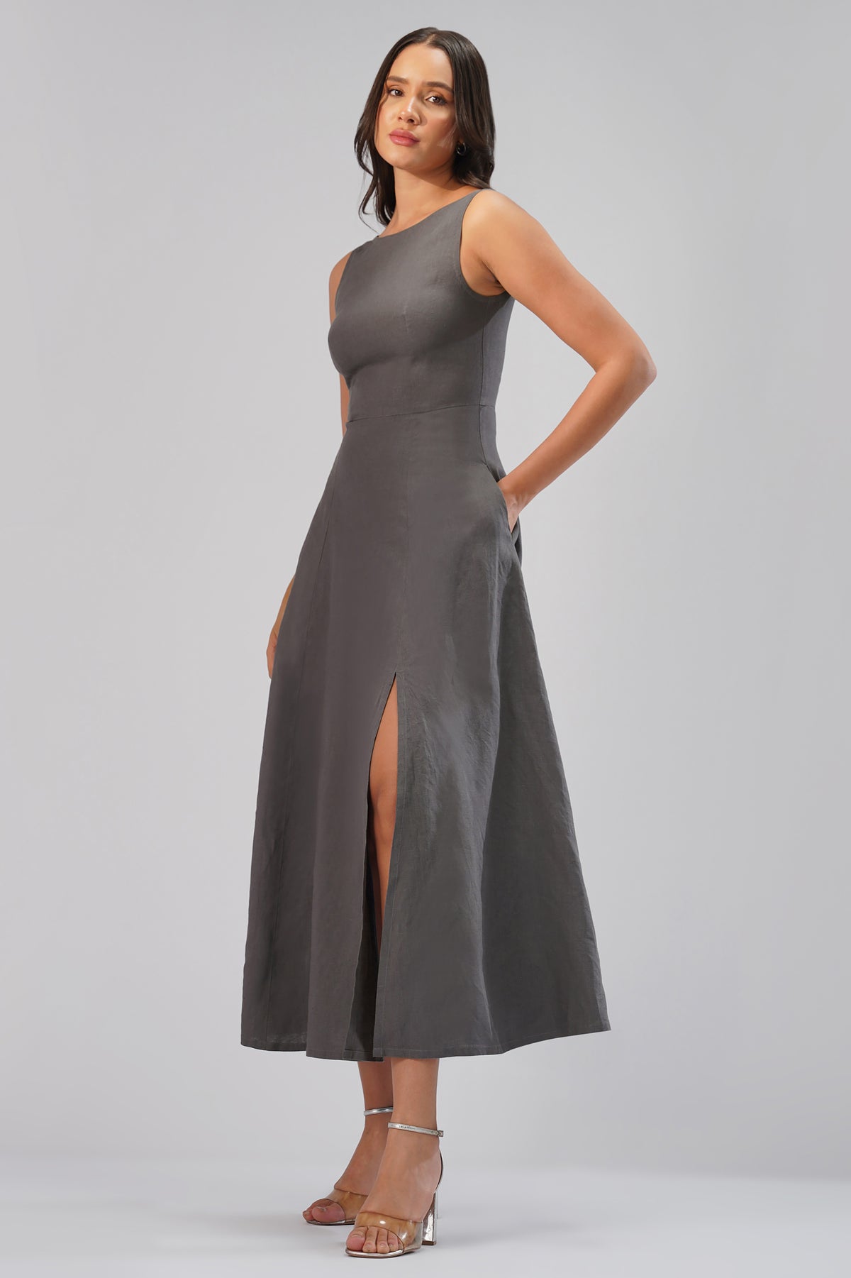 Linen midi dress with front slit and A-line skirt