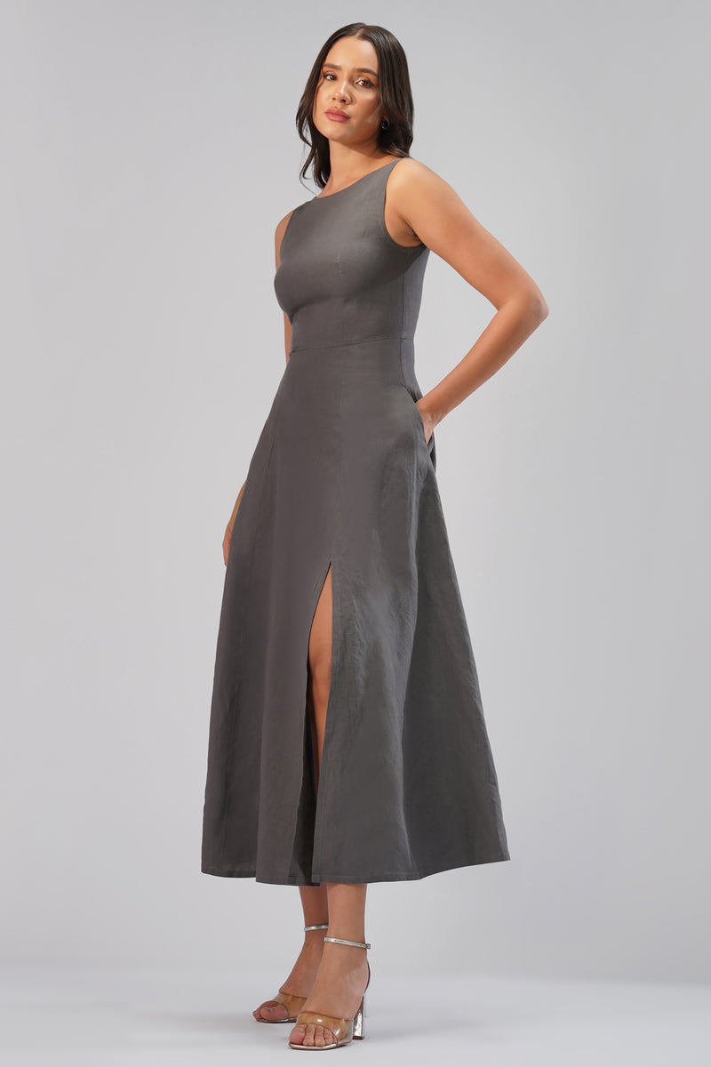 Linen midi dress with front slit and A-line skirt